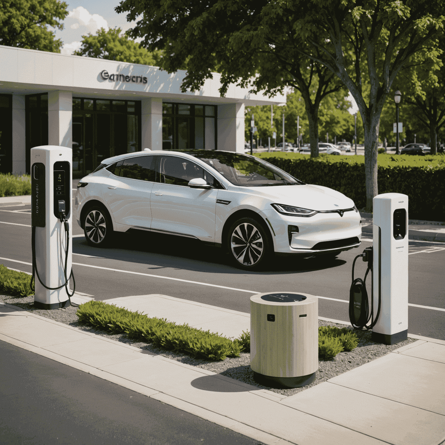 A modern and inviting EV charging station with sleek charging ports and comfortable seating area, showcasing Recharge Road's commitment to convenient and sustainable travel