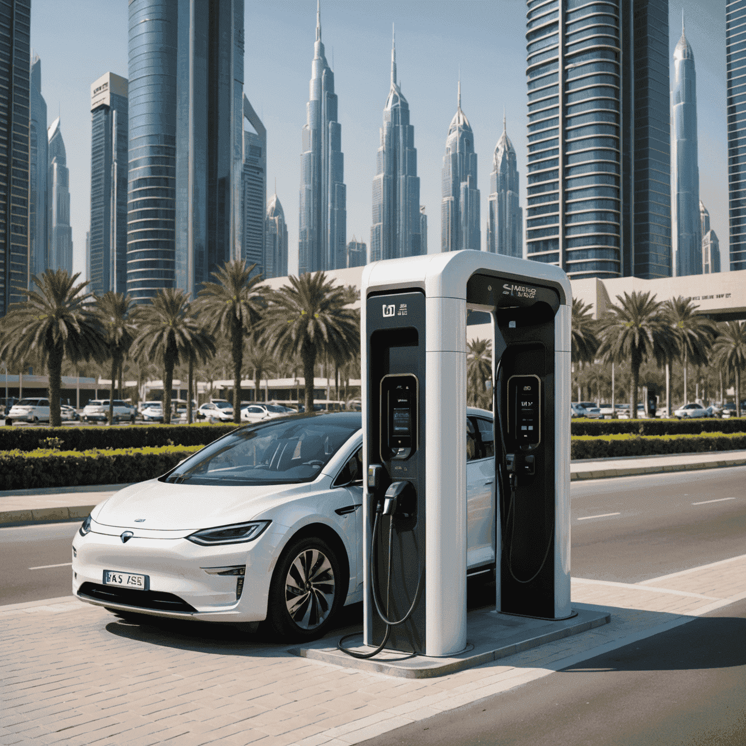 A modern electric vehicle charging station with multiple charging points, set against a backdrop of a bustling UAE cityscape. The station features sleek design with Recharge Road branding.