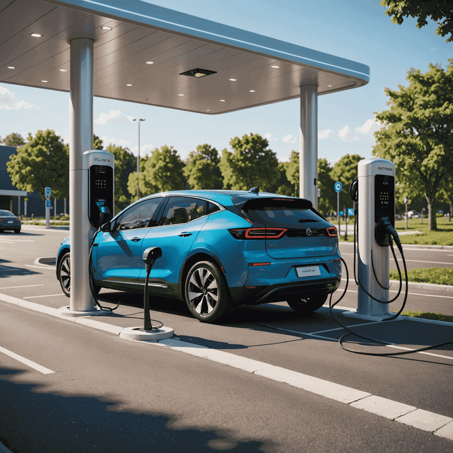 Electric vehicle charging at a Recharge Road station with modern charging ports and a sleek design. The image showcases a user-friendly interface on the charging station and a well-lit area, emphasizing convenience and accessibility.