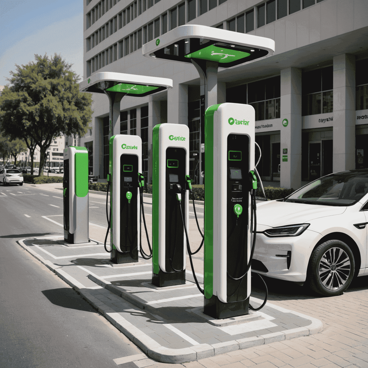 Electric vehicle charging station with multiple charging points in a modern urban setting, showcasing Recharge Road's expanding network across the UAE