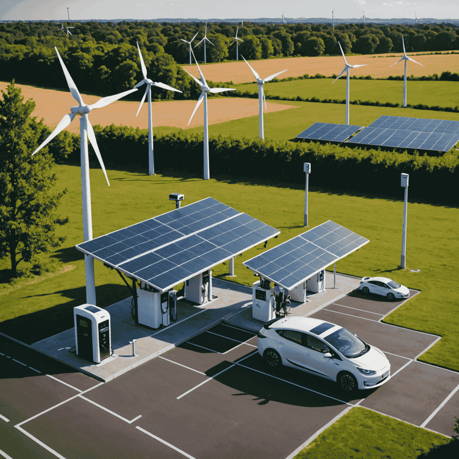 Solar panels and wind turbines alongside EV charging stations, representing Recharge Road's partnerships with renewable energy providers