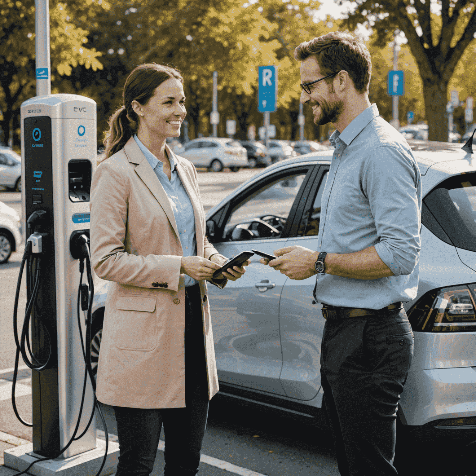 A customer service representative assisting an EV owner, with a background of frequently asked questions about EV charging.